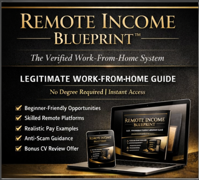 1) Remote Income Blueprint digital guide for legitimate work from home opportunities no degree required

Work from home
Remote Work
Legit remote work
Make Money online
digital guide
no degree
online jobs
